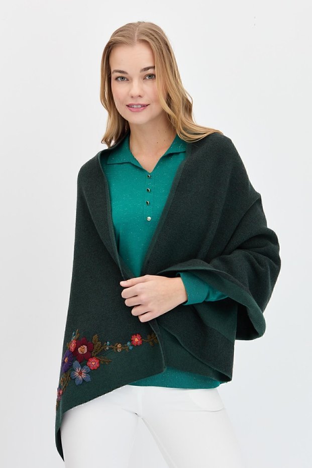 Women's Floral Embroidered Knitwear Shawl Green