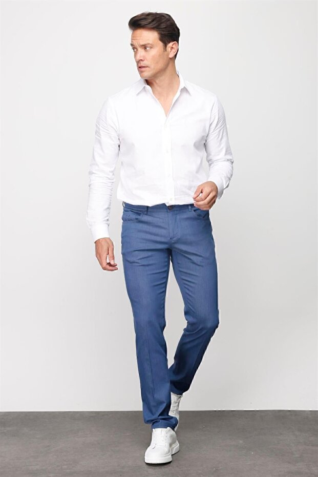 Men's Elastic Waist 5-Pocket Cotton Trousers Blue