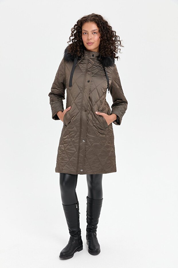 Women's Hooded Fur-Trimmed Diamond Patterned Quilted Coat Mink