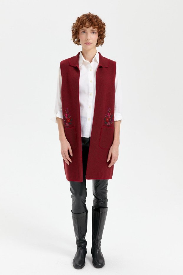 Women's Polo Neck Open Front Embroidered Long Wool Vest V.Red