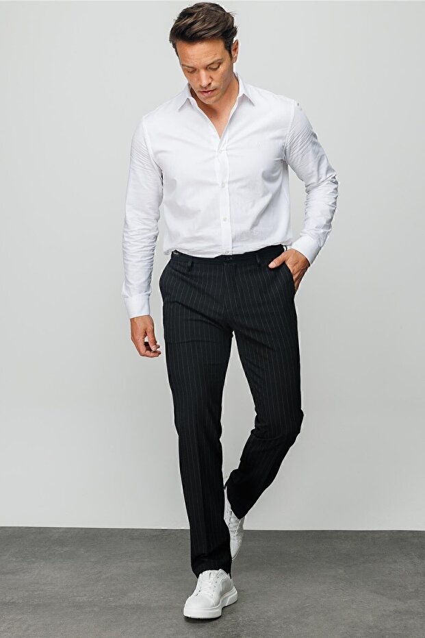 Men's Elastic Waist White Striped Cotton Trousers Black