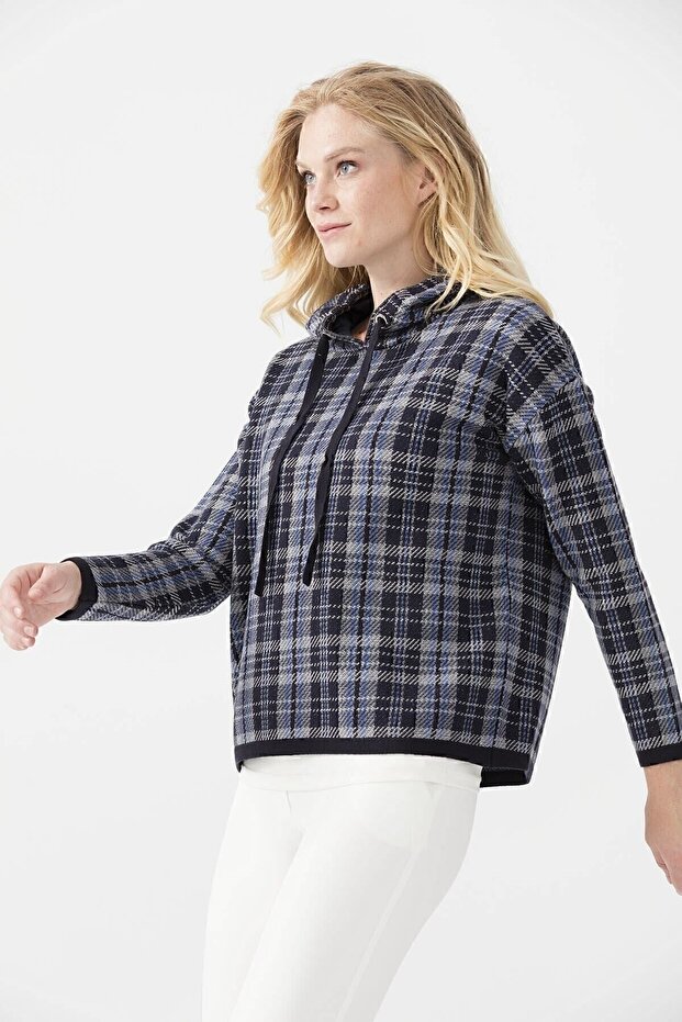 Women's Hooded Checked Short Sweater Dark Blue