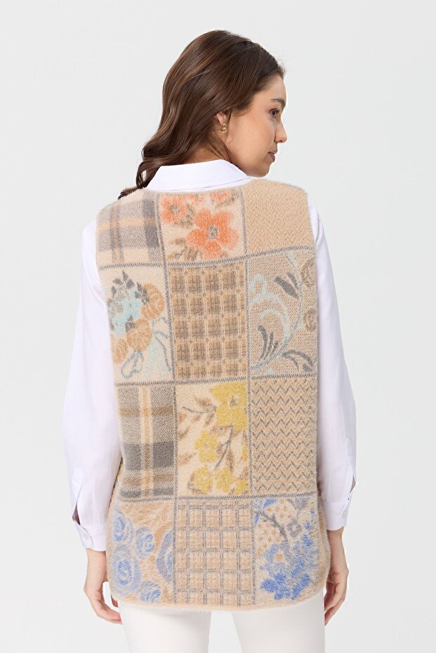 Kadın V Yaka Patchwork Yelek Bej - 3