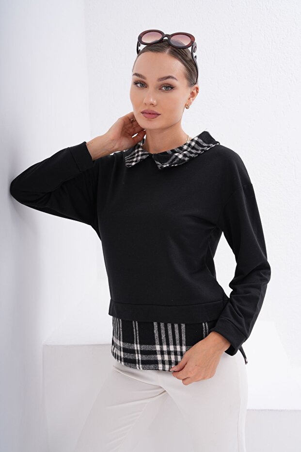 Kadın Siyah Gömlek Yaka Sweatshirt - 3
