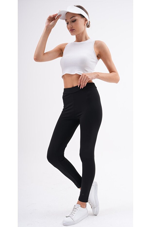 Kadın Siyah Interlok Çelik Örme Tayt - 1