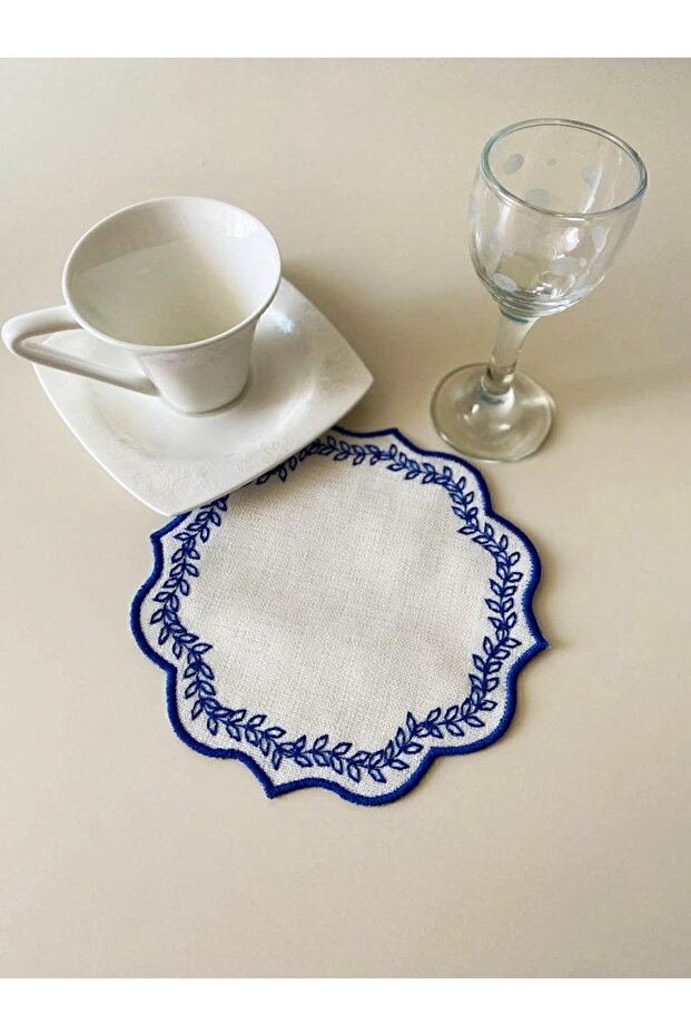 Set of 6 Linen Fabric Embroidered Coffee Side Cocktail Napkins & Coasters.