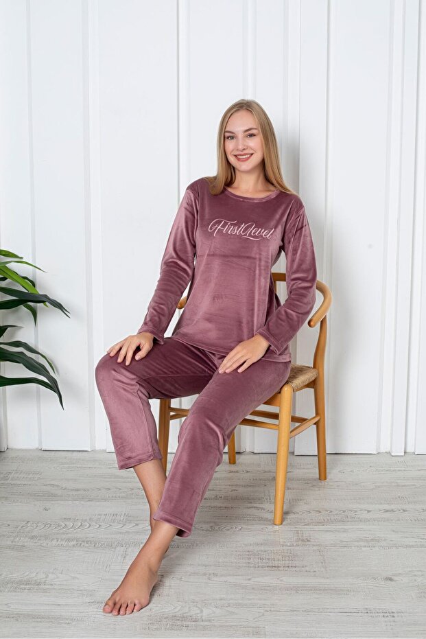 Luxury Velvet Fransız Kadife Yazı Detaylı Pijama Takımı - 2