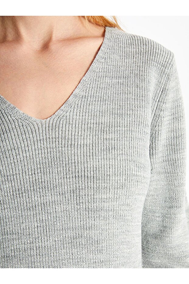 LCW V Yaka Parlak Görünümlü Uzun Kollu Hamile Triko Kazak - 4