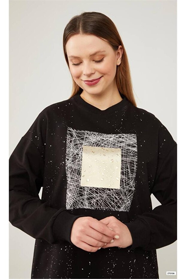 Siyah Varak Baskılı Sweatshirt - 2