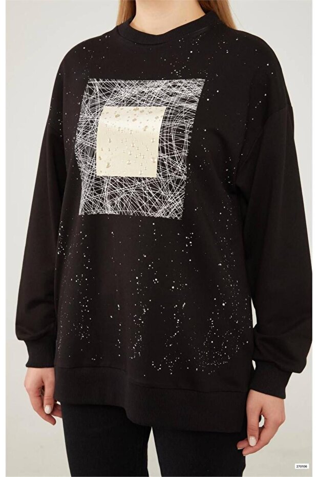 Siyah Varak Baskılı Sweatshirt - 1