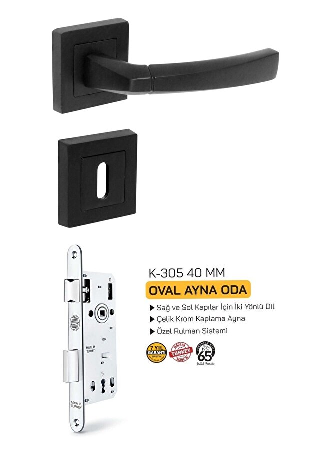 Kare Rozetli Mat Siyah Madrid Oda Kapı Kolu ve Şahsuvar Oda Kapı Kilidi 40 MM (SET) - 1