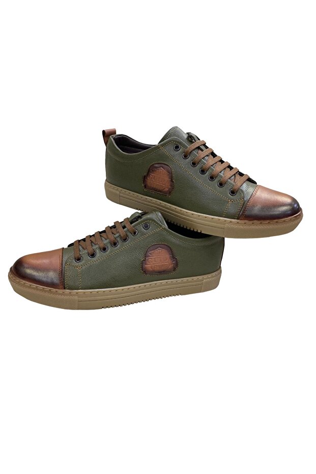 MEN'S LACE-UP LEATHER TAN-GREEN CASUAL SHOES
