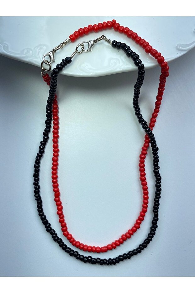 Women's Double Black & Red Color Bead Necklace