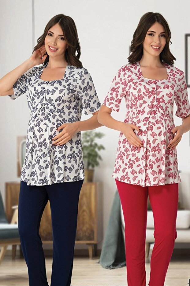 Cotton Maternity and Postpartum Pajama Set with Nursing Features for Prenatal and Postnatal Use Effortt - Cherry
