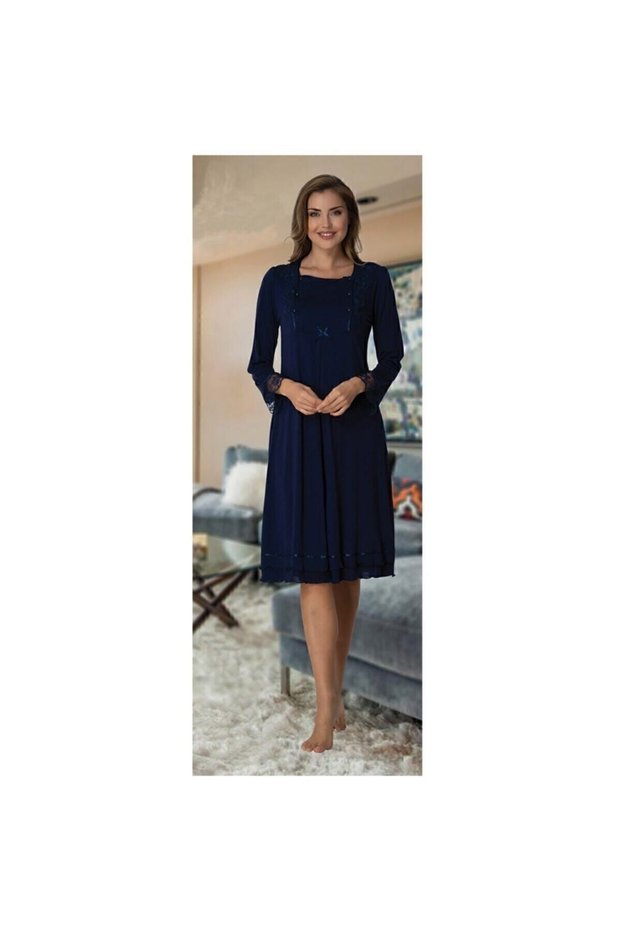 Effortt Women's Navy Blue Long Sleeve Maternity Nursing Nightgown