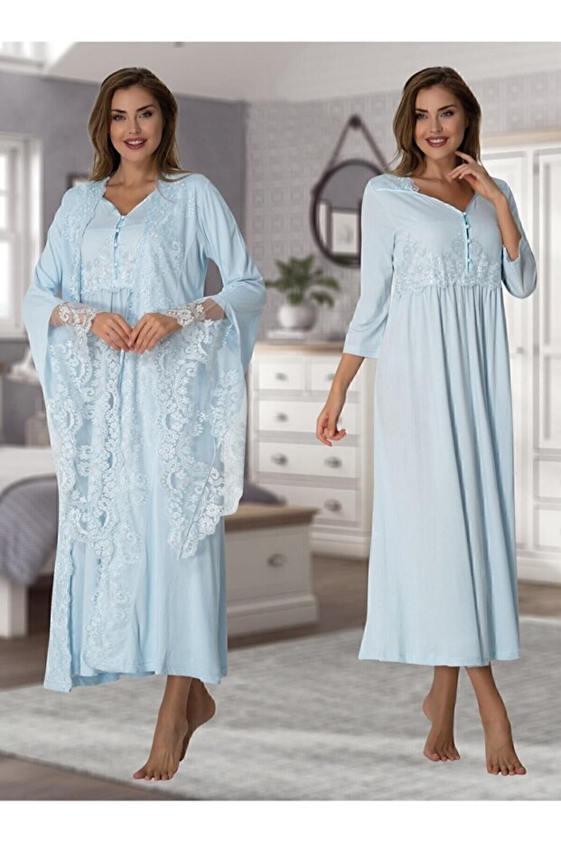 Effort Blue Spanish Sleeve Maternity Nightgown Set with Dressing Gown 3010