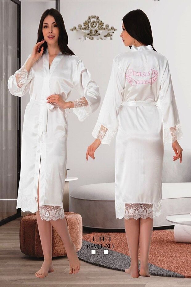 Effortt Ecru Mother of the Prince Written Maternity Satin Dressing Gown 1044