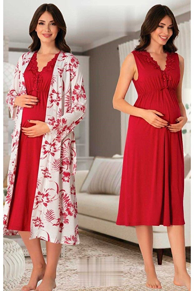 Effortt Cherry Dressing Gown and Maternity Nightgown Set