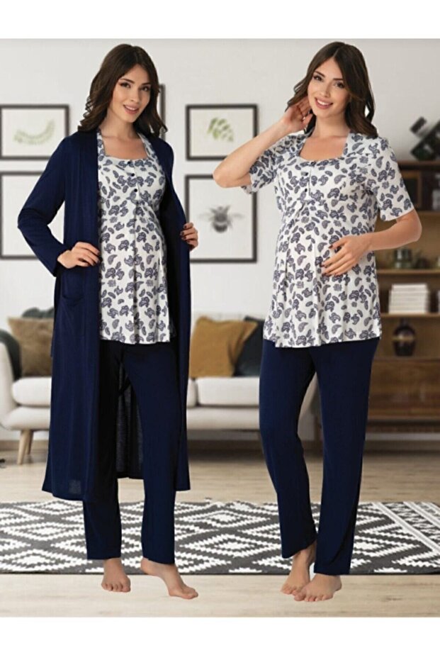 Women's Navy Blue Maternity Pajamas and Dressing Gown