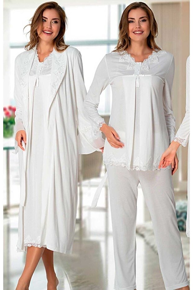 Women's Maternity Ecru Pajama Set with Dressing Gown Camellia 7034