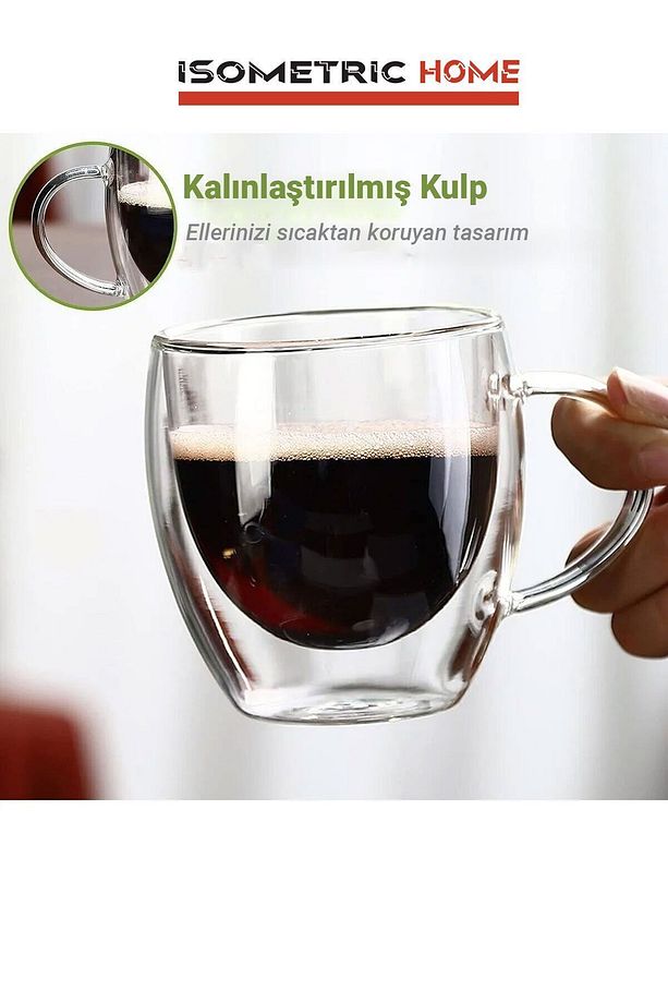 Çift Camlı Çift Cidarlı Cam Kupa Ev Ofis Fincanı 250 Ml Çift Katlı Isı Yalıtımlı Kulplu Cam Bardak - 2