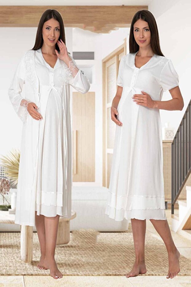 Mayss Collections 8025 Ecru Color Maternity Nightgown Set with Dressing Gown