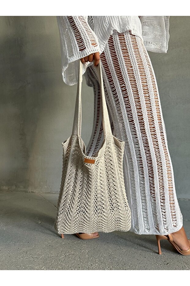 حقيبة شاطئ محبوكة بنمط موجة - تصميم خاص - 1