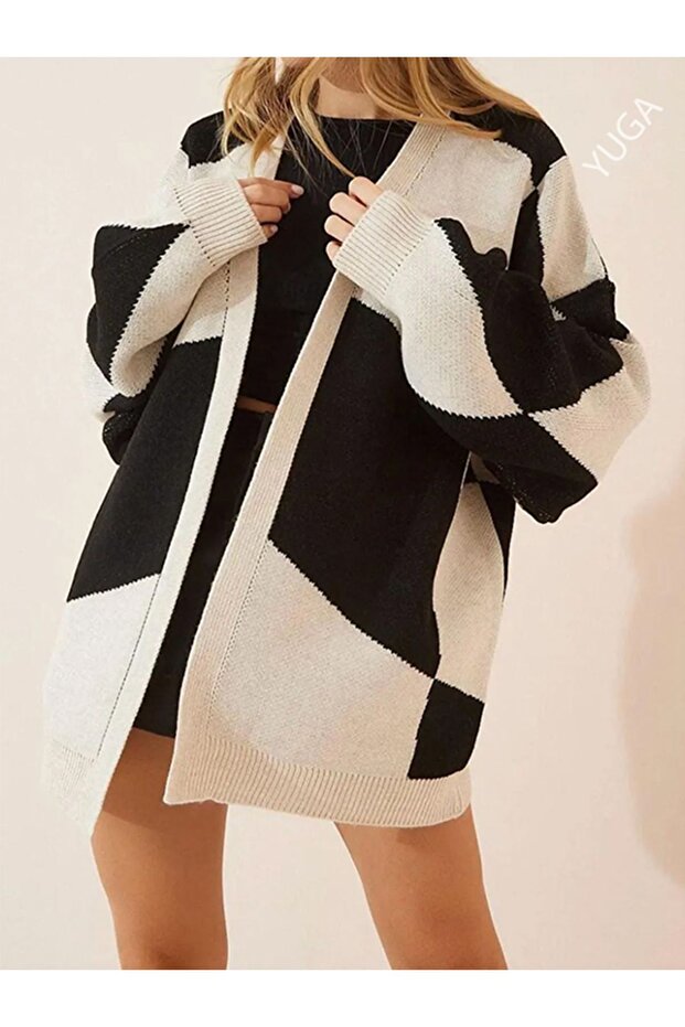 Black Beige Patterned - Thick Soft Knitwear Women's Cardigan Jacket