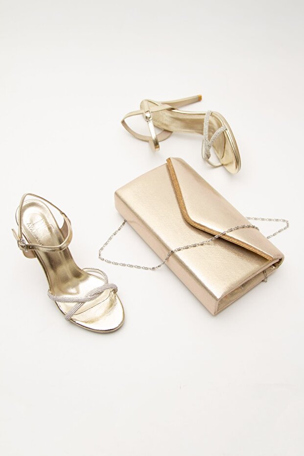 Women's Platform Stone Embellished Evening Dress and Bag Set