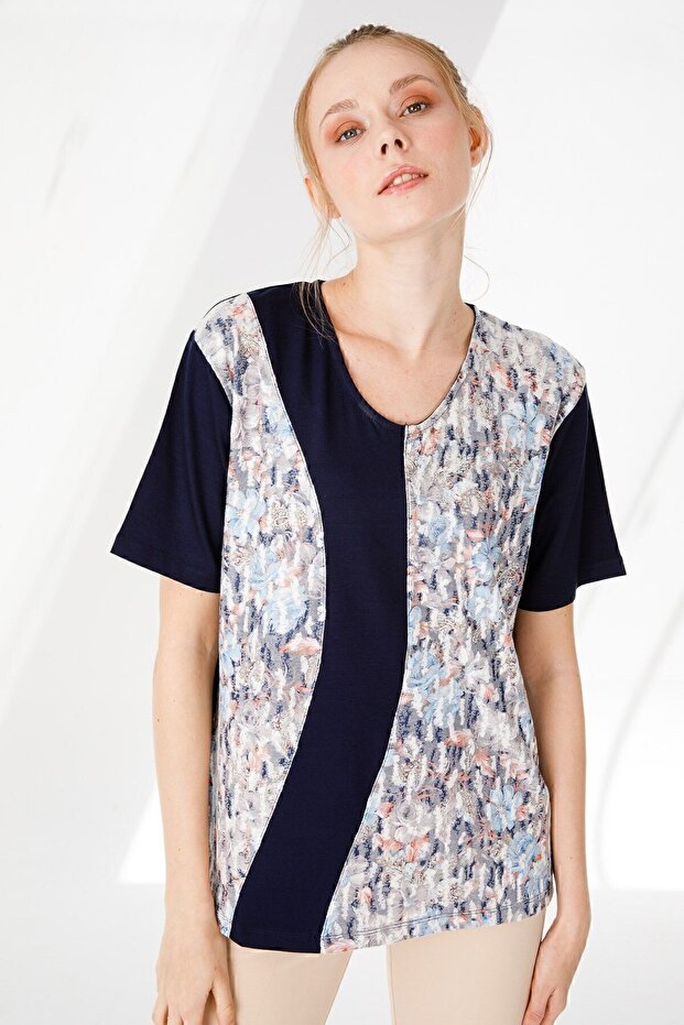 Women's V-Neck Short Sleeve Floral Printed Combed Cotton Blouse Navy Blue