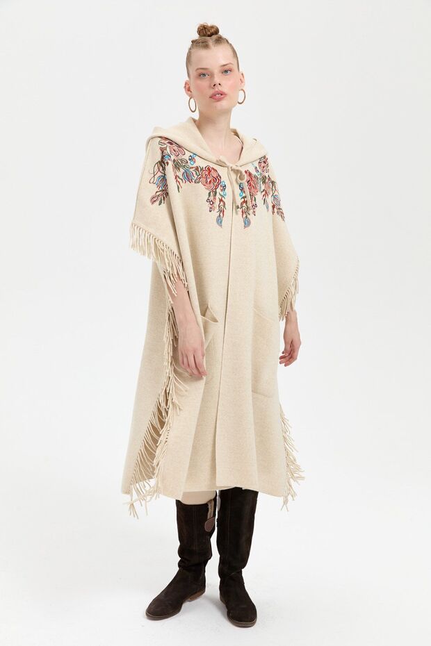 Women's Hooded Embroidered Poncho with Side Tassels T.Melange