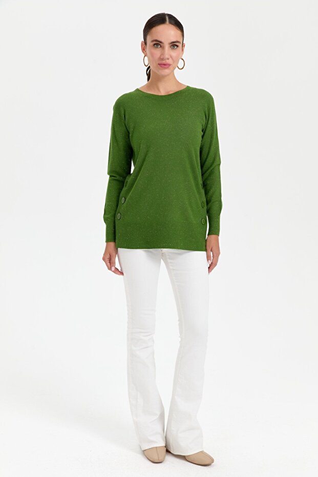 بلوزة لامعة بدون خياطة - رقبة دائرية وأزرار جانبية باللون الأبيض الطحلب - 3