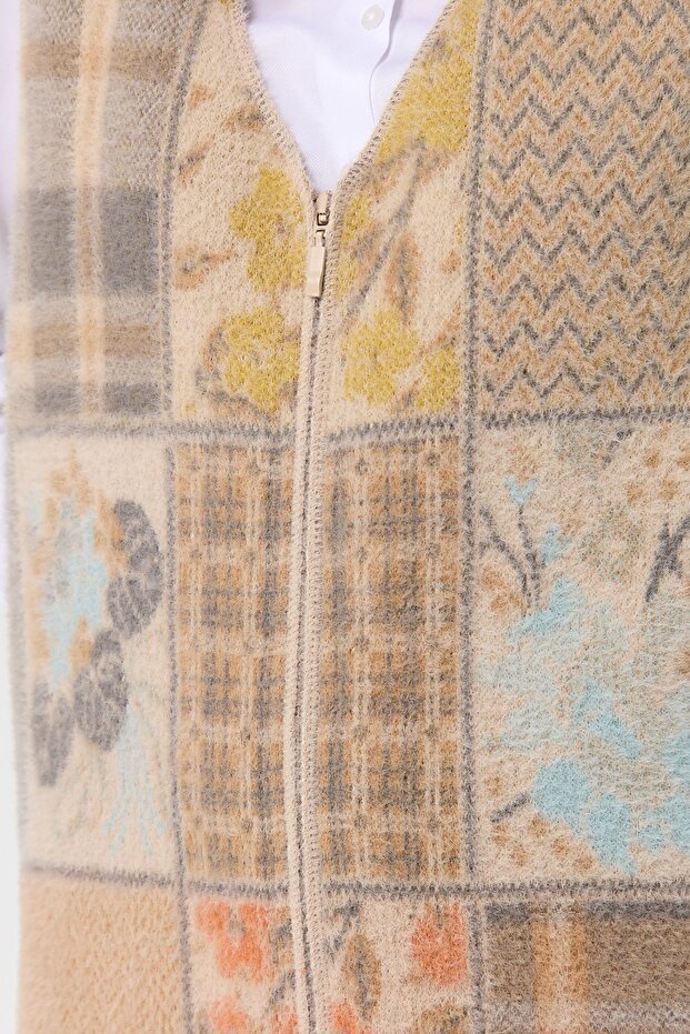 Kadın V Yaka Patchwork Yelek Bej - 8