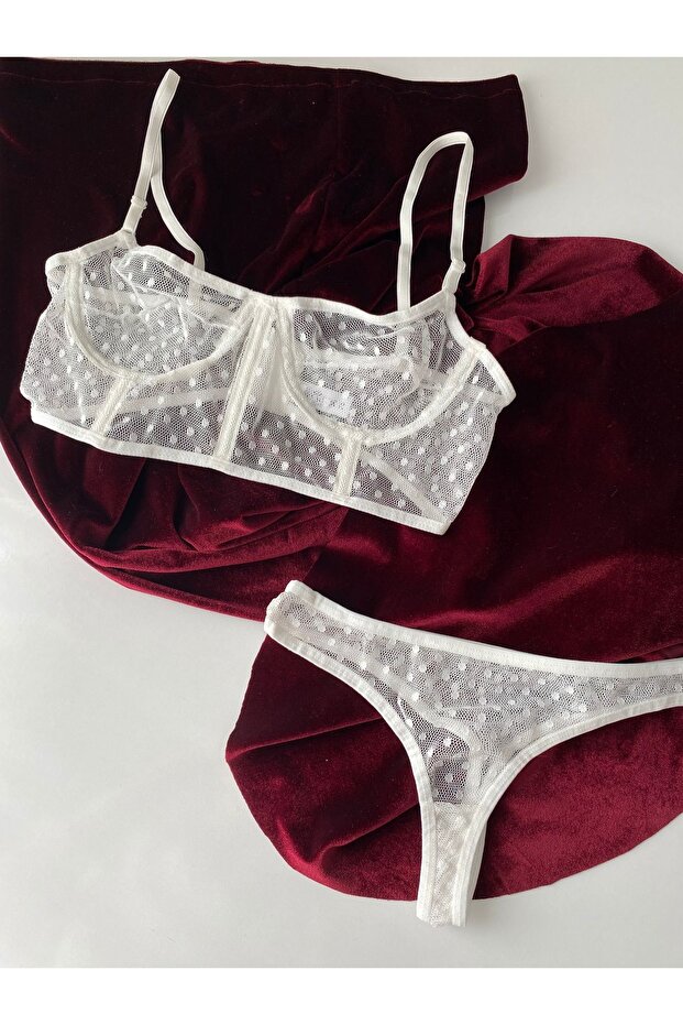 Women's Polka Dot Lace Detailed Underwire Bralet Bottom Top Bra Set