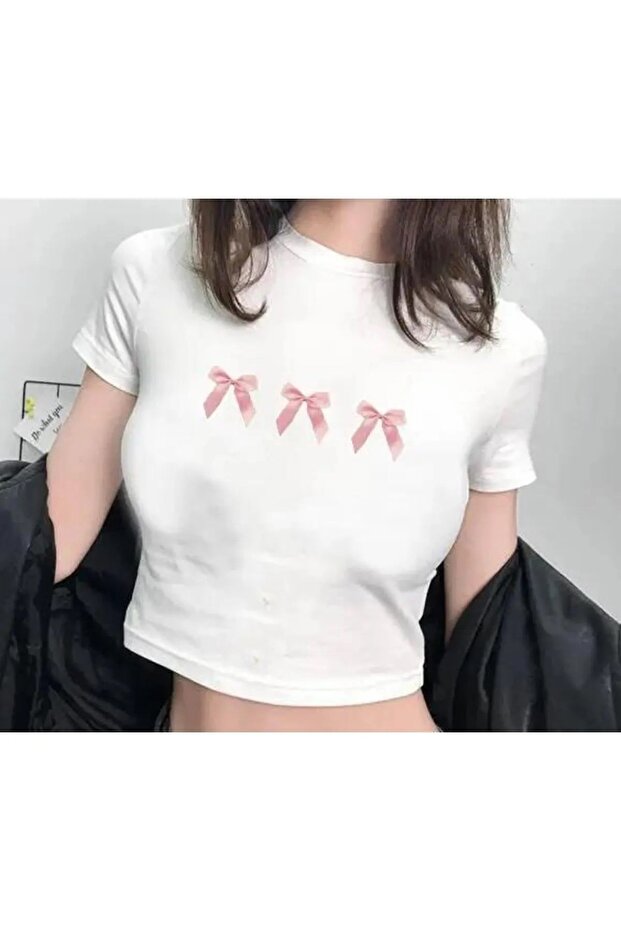White Color Pink Bow Printed Crop Blouse