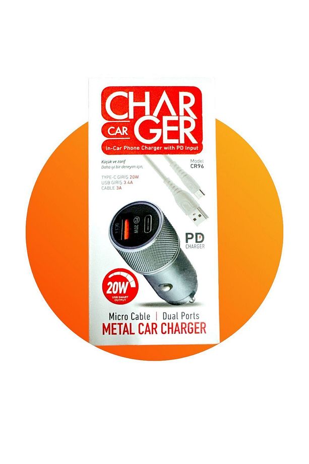 CR96 USB Micro Kablolu Type-C Çakmaklık Şarj Seti Metal Car Charger Type-C 20W PD QC - 1