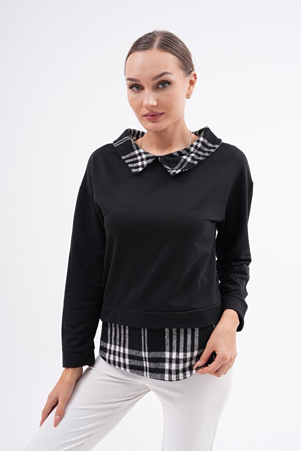 Kadın Siyah Gömlek Yaka Sweatshirt - 6