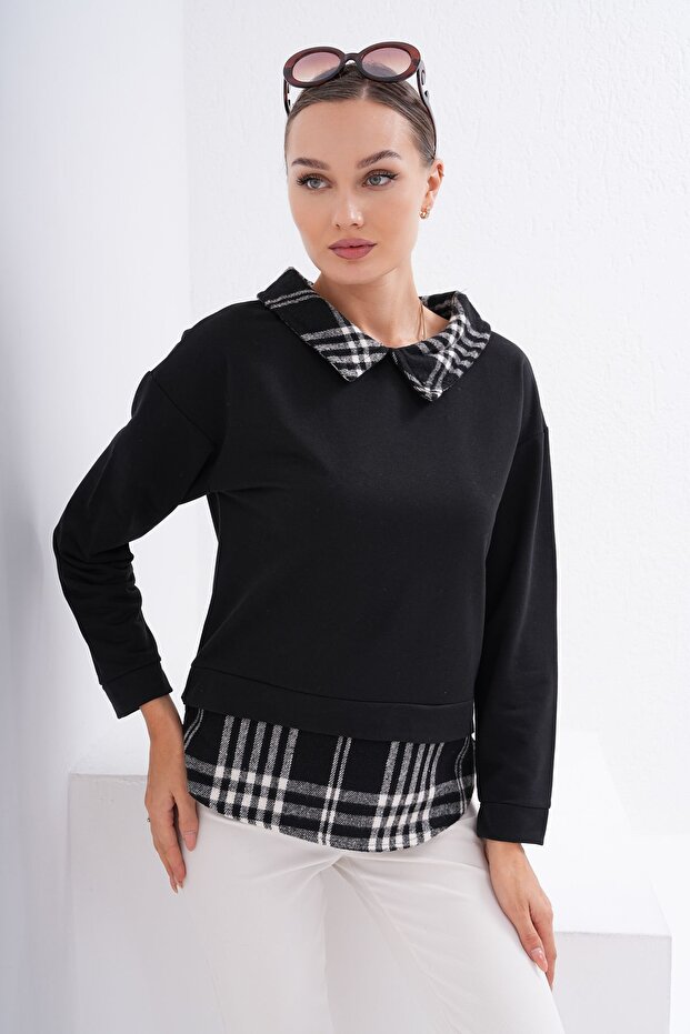 Kadın Siyah Gömlek Yaka Sweatshirt - 1