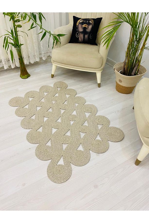 Jüt Hasır görünümlü Desenli Modern El Örgüsü Dikdörtgen Halı Kilim - 3