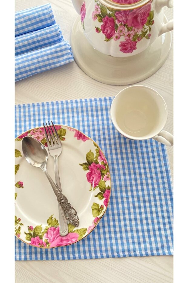 مجموعة مفارش المائدة باللون الأزرق من القماش القطني - 1