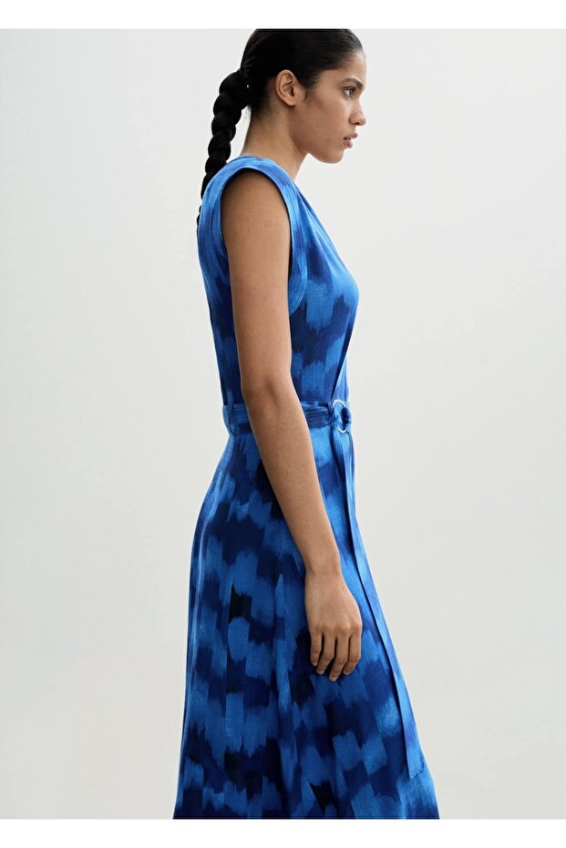 Kemerli desenli elbise - 1