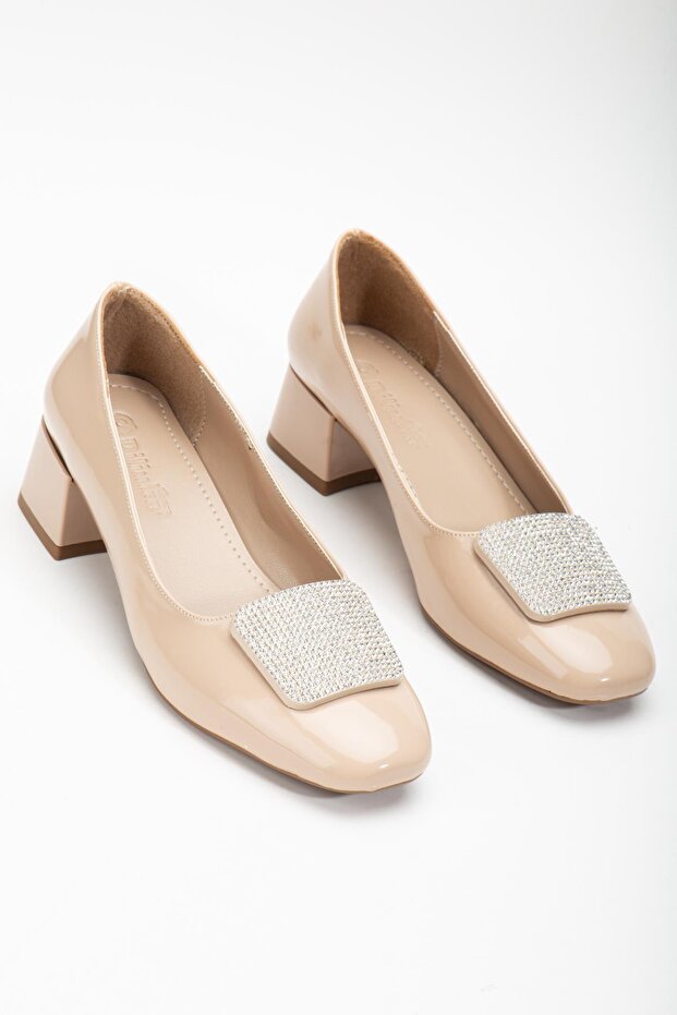 Large Size Patent Leather Square Stone Women's Short Heeled Shoes