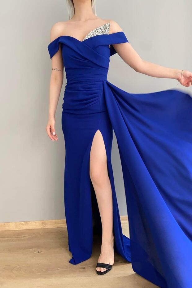 Boat Neck Draped Crepe Evening Dress