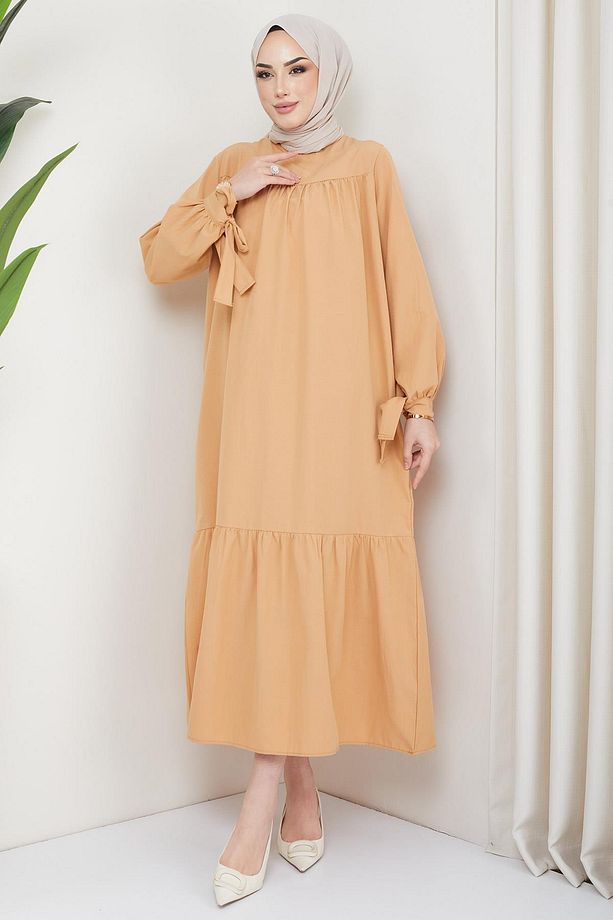 Robalı Kol Ucu Bağlamalı Elbise Camel - 2
