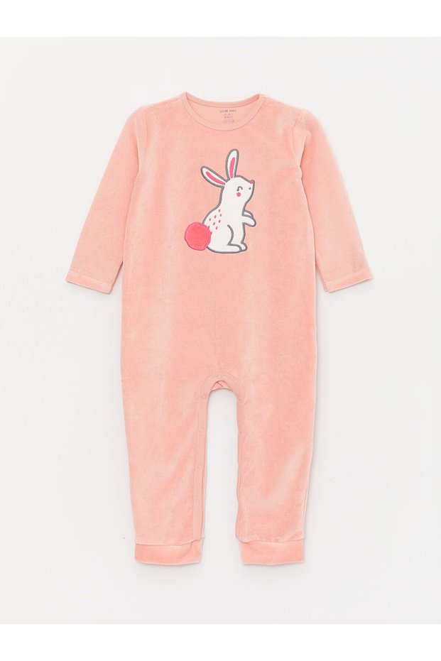 Lcwk Crew Neck Embroidery Detailed Velvet Baby Girl Jumpsuit (0-12 Months with Booties, 12 Months Without Booties)