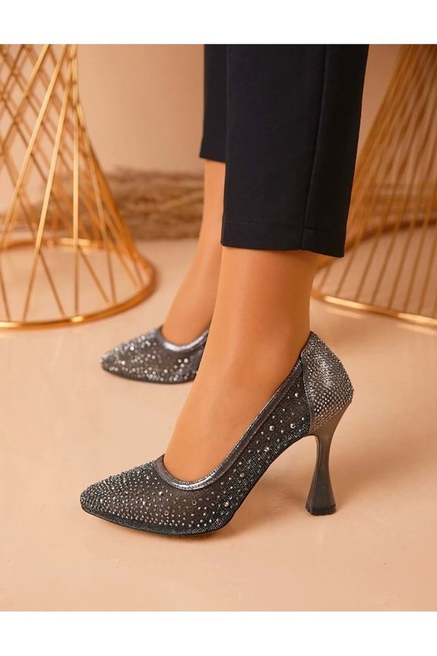 Feles Stone Lace Detailed Cinderella Shoes Women's Stiletto Heeled Shoes PLATIN