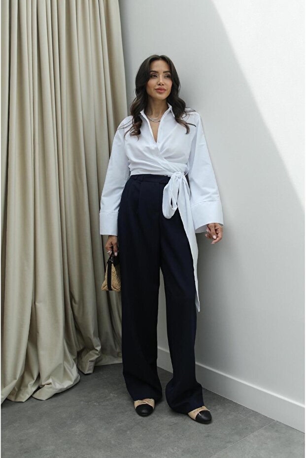 Navy Blue Pleated Palazzo Trousers