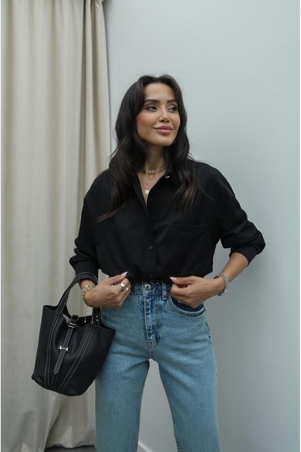 Black Shirt with Stone Button Detail