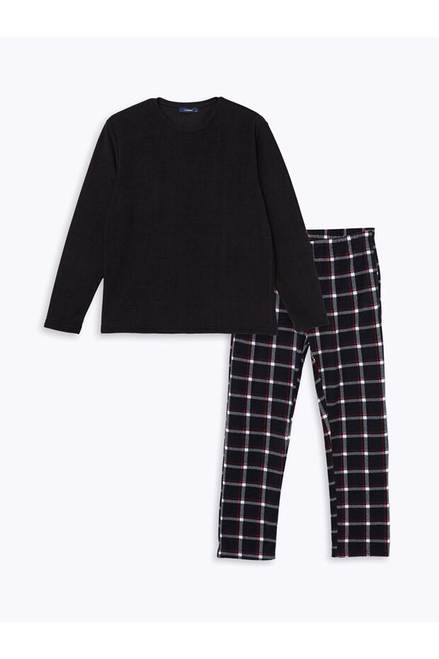Siyah Standart Kalıp Ekose Erkek Polar Pijama Takımı - 1