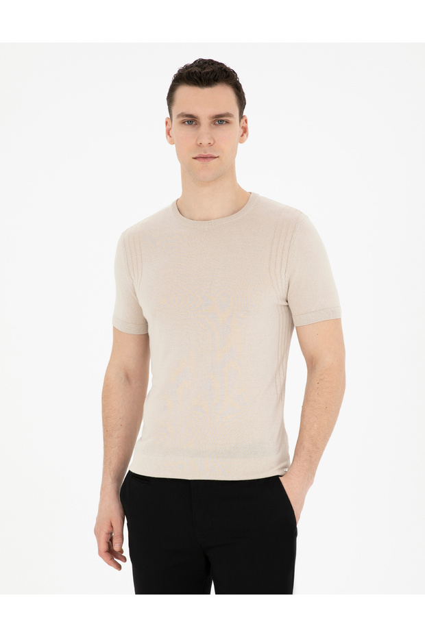 Beige Slim Fit Crew Neck Knitwear T-Shirt 50288845-Vr011